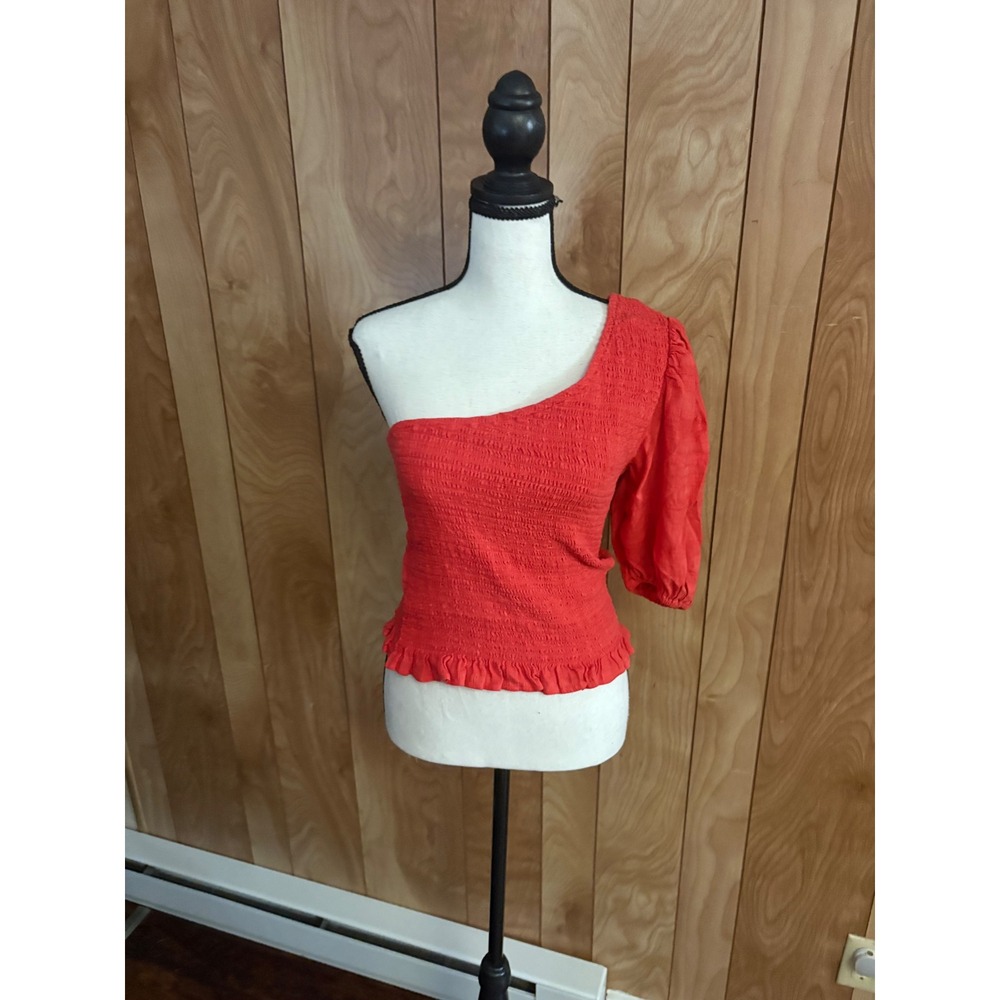 American Eagle Red One Shoulder Smocked Puff Sleeve Ruffle Hem Top Small